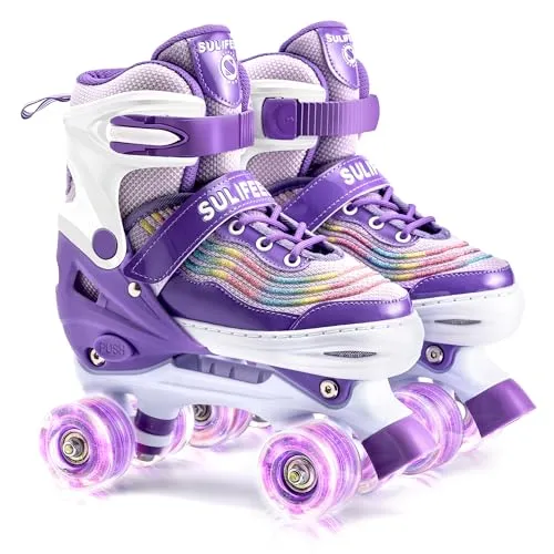SULIFEEL Roller Skates for Girls with Light up Wheels, 4 Sizes Adjustable Skates for Kids, Purple Roller Skates for Toddler