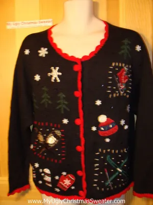 Tacky Ugly Christmas Sweater with Skates and Skis (f129) Tacky Ugly Christmas Sweater with Skates and Skis (f129)
