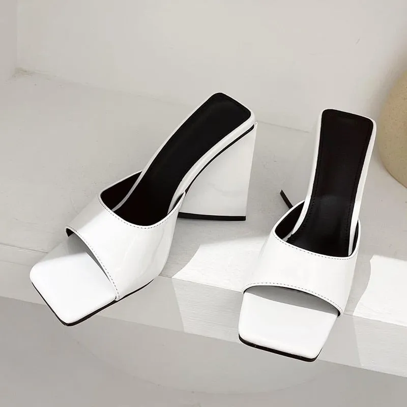 Uniwim 2024  Women Design 10Cm High Heels Slides Mules Summer Peep Toe Patent Leather Green Yellow Thick Block Heels Slippers Party Shoe