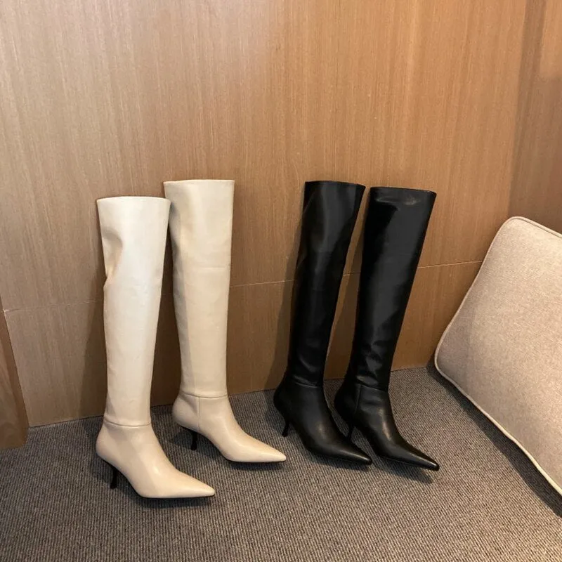 Wenkouban Autumn Boots     NEW Fall Shoes Women Pointed Toe Stiletto Leather Boots for Women INS Fashion Knee-high Boots Solid Pleated High Heel Boots