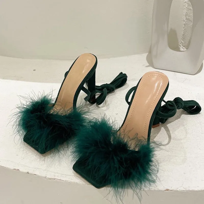 Wjczt Summer Green Shoes Sandals Fashion Furry Cross-Tied Women Pumps 2023 Sexy Lace-up Party Dress Ladies 11CM Strange High Heels