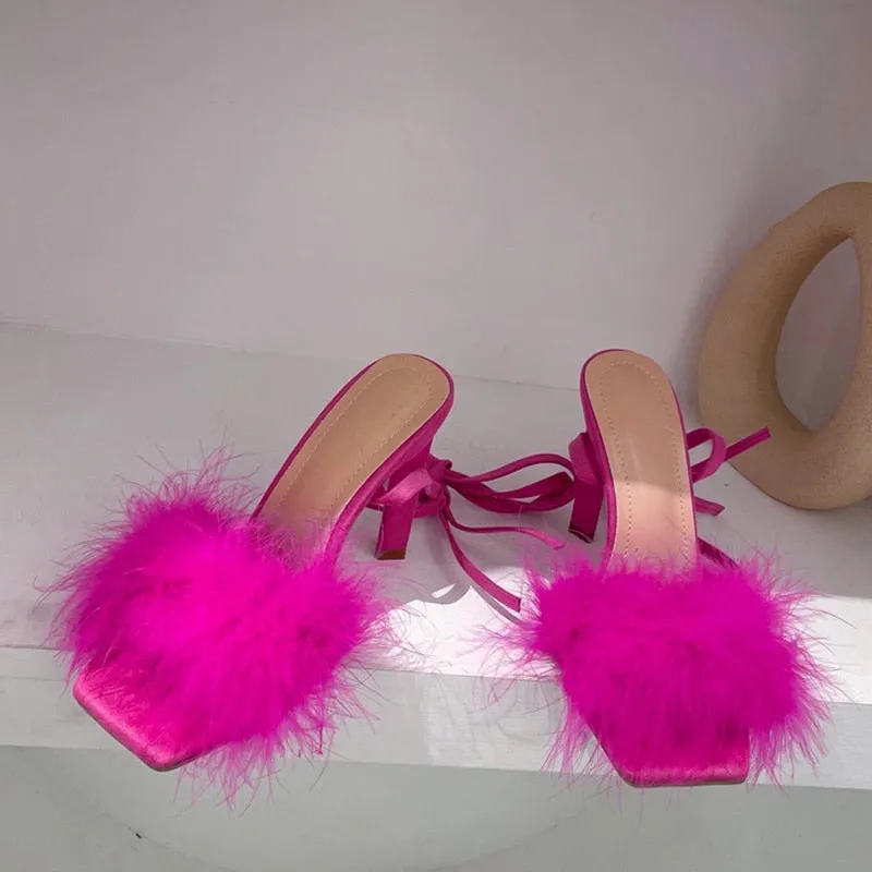 Wjczt Summer Green Shoes Sandals Fashion Furry Cross-Tied Women Pumps 2023 Sexy Lace-up Party Dress Ladies 11CM Strange High Heels