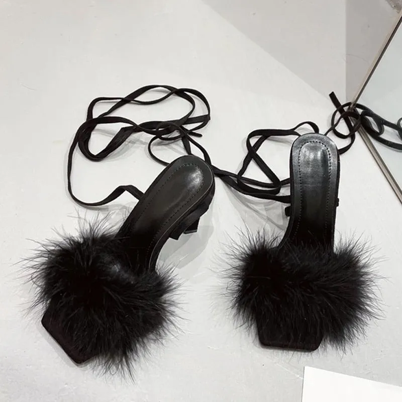 Wjczt Summer Green Shoes Sandals Fashion Furry Cross-Tied Women Pumps 2023 Sexy Lace-up Party Dress Ladies 11CM Strange High Heels