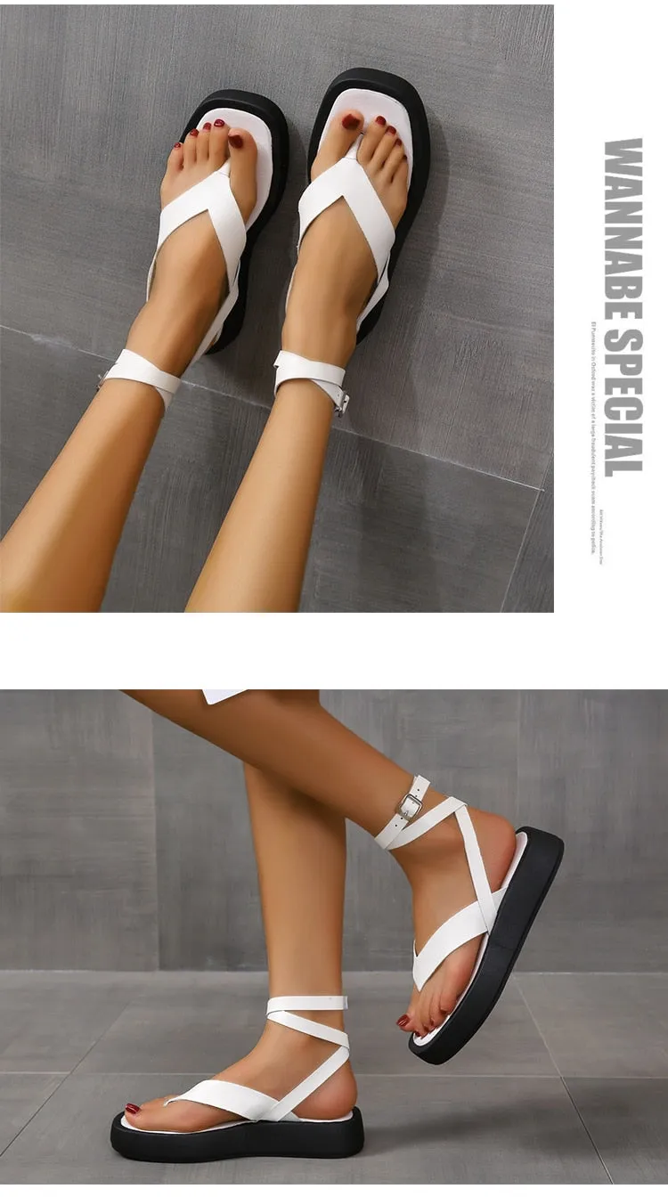 Wjczt Summer New Thick-soled Sandals Women's Platform Thick-soled Slip-toe Ankle Cross Buckle Sports Sandals Women Beach Shoes