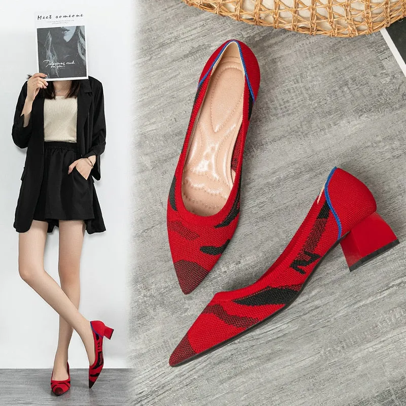 Wjczt Women's large high-heeled shoes 2023 new women's spring and autumn summer pointy knitting fashion breathable beautiful color