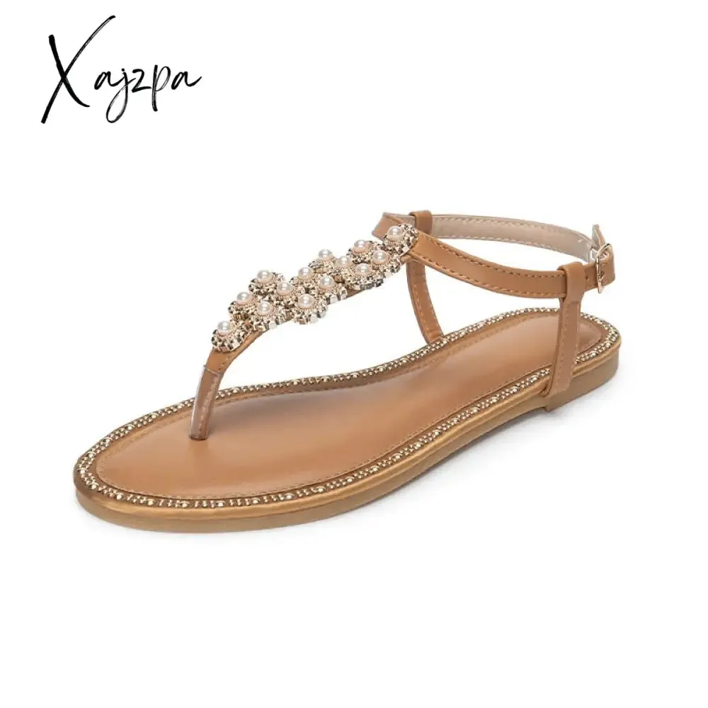 Xajzpa - Female Flats Shoes 2023 Summer Women's Sandals Fashion Sweet Pearl Decoration Outside Casual Beach Holiday Big Size  Sandalias