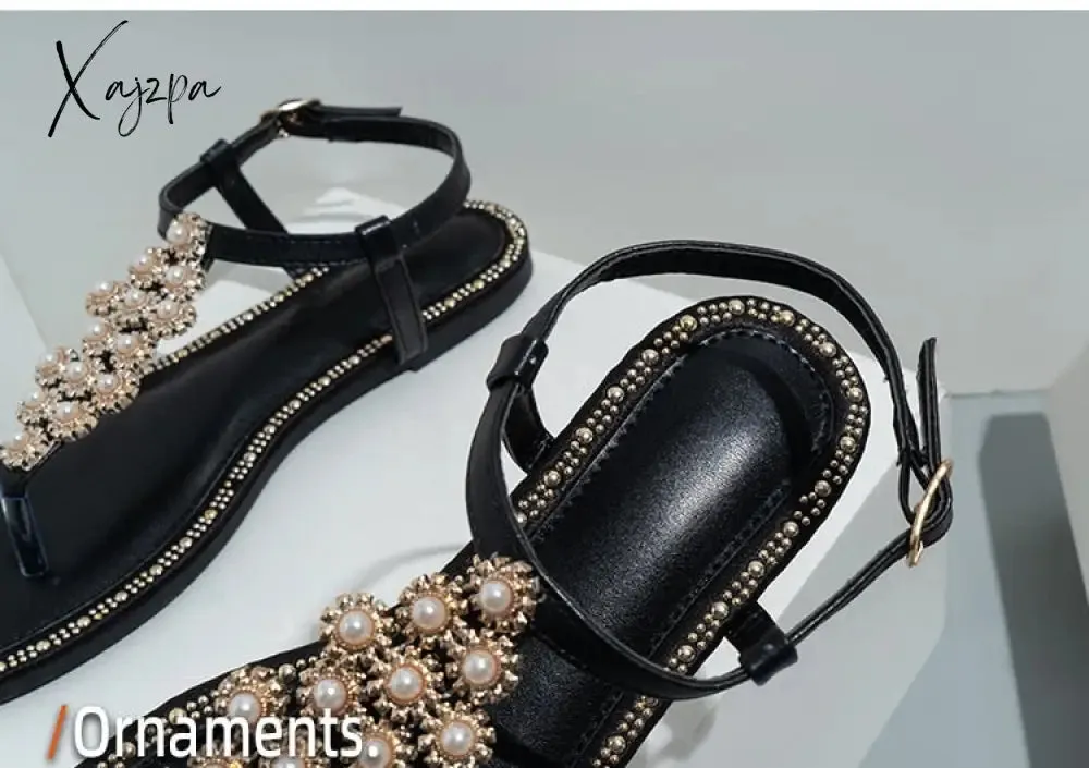 Xajzpa - Female Flats Shoes 2023 Summer Women's Sandals Fashion Sweet Pearl Decoration Outside Casual Beach Holiday Big Size  Sandalias