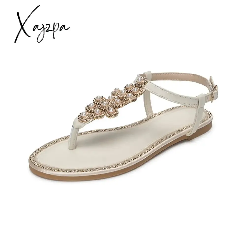 Xajzpa - Female Flats Shoes 2023 Summer Women's Sandals Fashion Sweet Pearl Decoration Outside Casual Beach Holiday Big Size  Sandalias