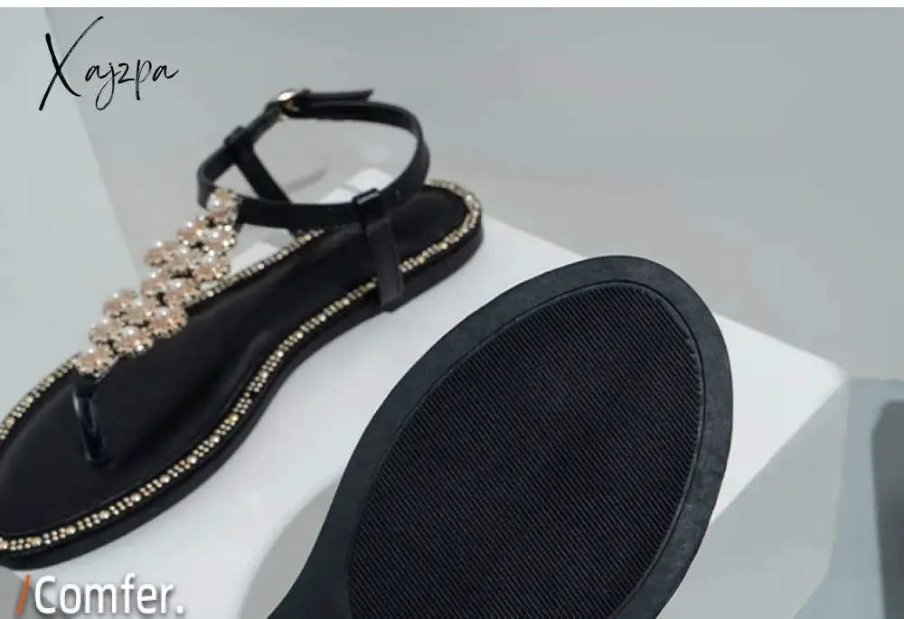 Xajzpa - Female Flats Shoes 2023 Summer Women's Sandals Fashion Sweet Pearl Decoration Outside Casual Beach Holiday Big Size  Sandalias