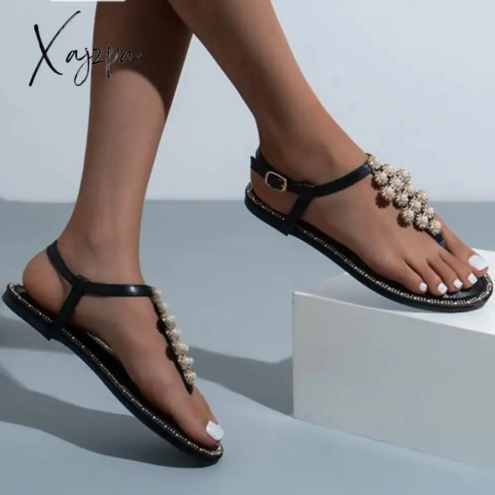Xajzpa - Female Flats Shoes 2023 Summer Women's Sandals Fashion Sweet Pearl Decoration Outside Casual Beach Holiday Big Size  Sandalias