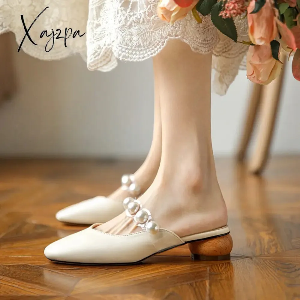 Xajzpa - Female Shoes Slippers Soft Platform Women Heels Square Toe Med Mules Sexy Comfort Summer Square Mid Heel Pearl PU Slides