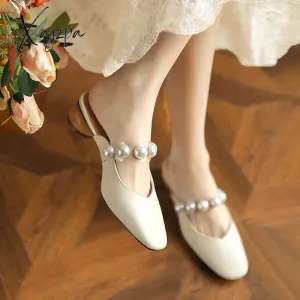 Xajzpa - Female Shoes Slippers Soft Platform Women Heels Square Toe Med Mules Sexy Comfort Summer Square Mid Heel Pearl PU Slides