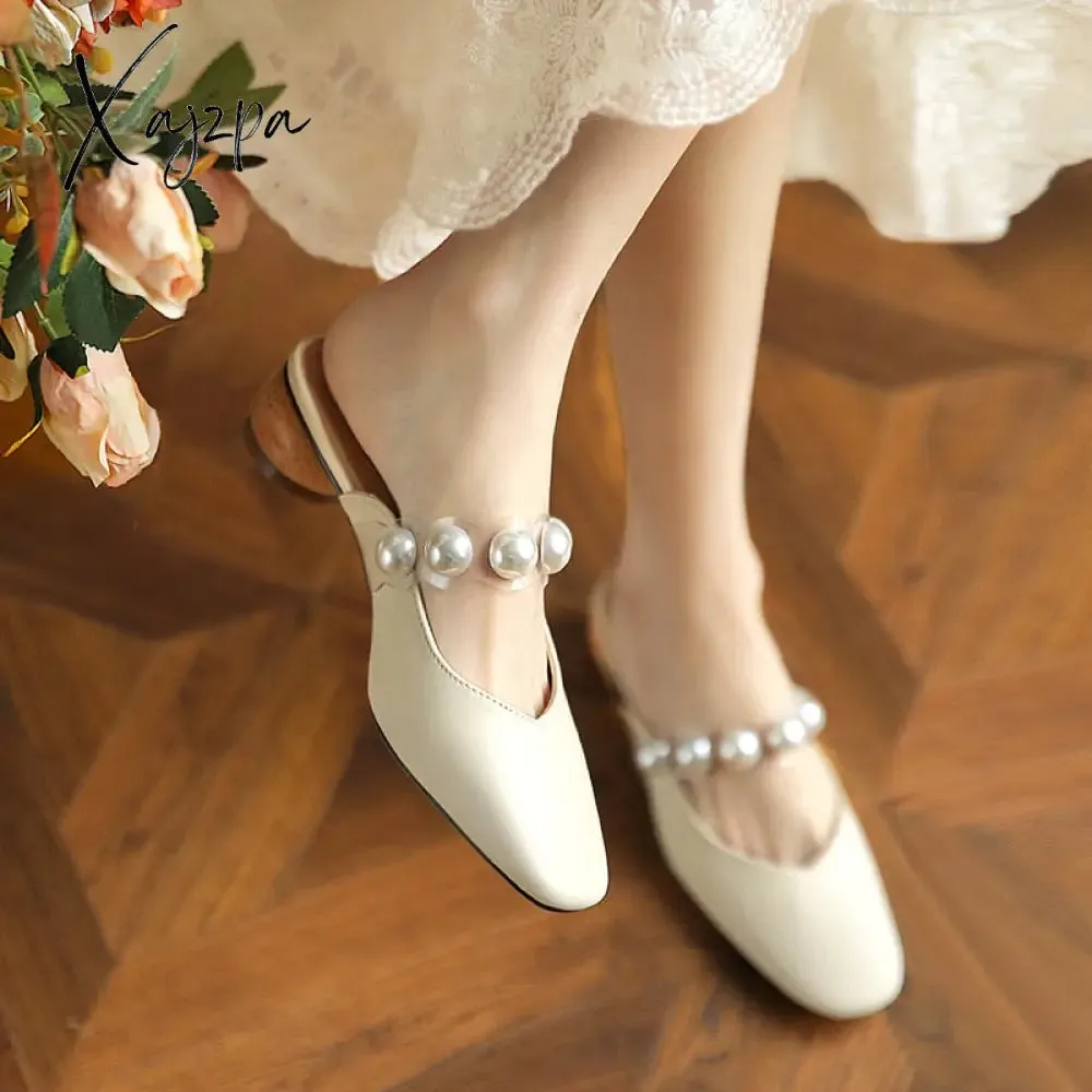 Xajzpa - Female Shoes Slippers Soft Platform Women Heels Square Toe Med Mules Sexy Comfort Summer Square Mid Heel Pearl PU Slides