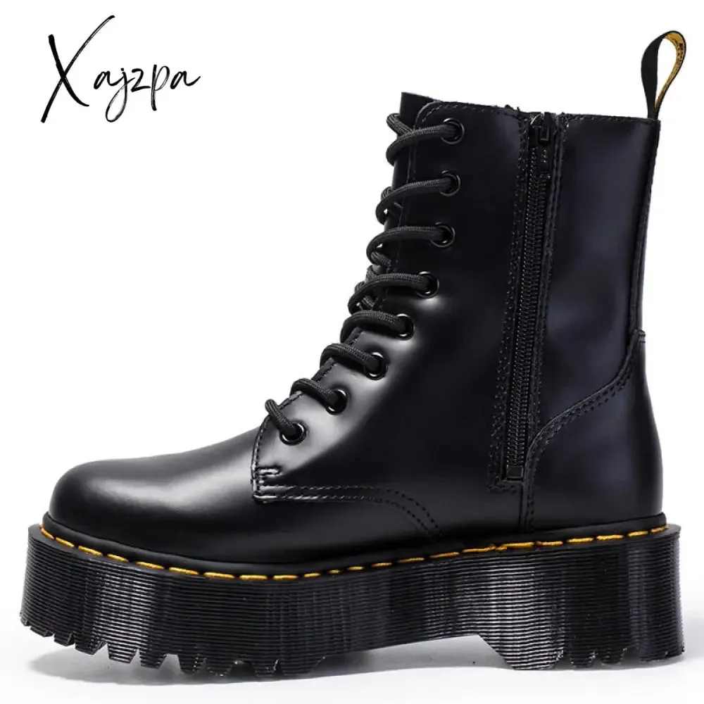 Xajzpa - Genuine Leather Ankle Boots Women Winter Shoes Thigh High Boots 2023 Brand Black Platform Heels Luxury Ladies Boot Booties Woman