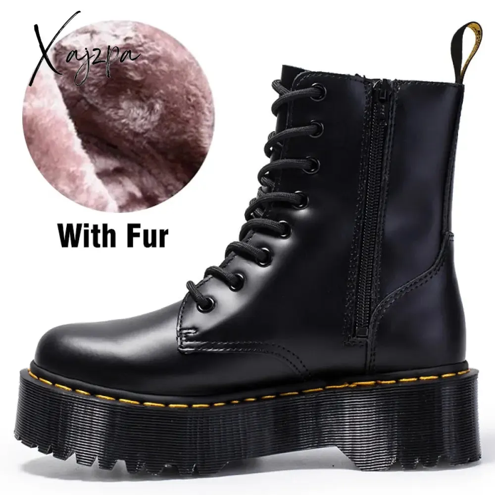 Xajzpa - Genuine Leather Ankle Boots Women Winter Shoes Thigh High Boots 2023 Brand Black Platform Heels Luxury Ladies Boot Booties Woman