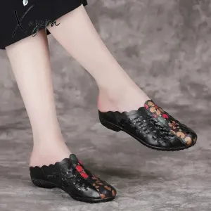 Xajzpa - Mum's Leather Slippers,Women Soft Summer Shoes,Close Toe Slides,Low Heels,Comfortable for Wearing,Black,Red