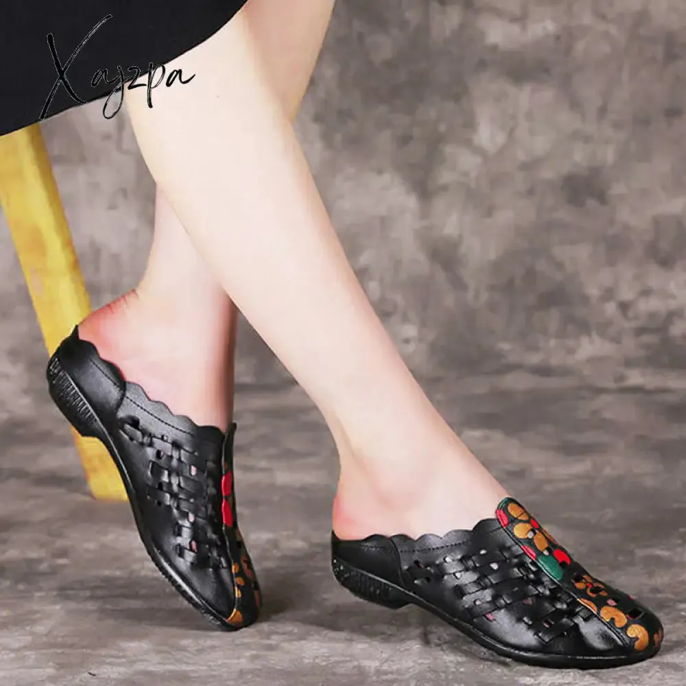 Xajzpa - Mum's Leather Slippers,Women Soft Summer Shoes,Close Toe Slides,Low Heels,Comfortable for Wearing,Black,Red
