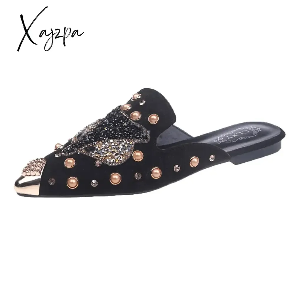 Xajzpa - Women Slippers Fashion String-bead Pointed Rhinestone Rivet Flat Women Shoes Slip-On Mules Loafer Sandals Slides Ladies Shoes