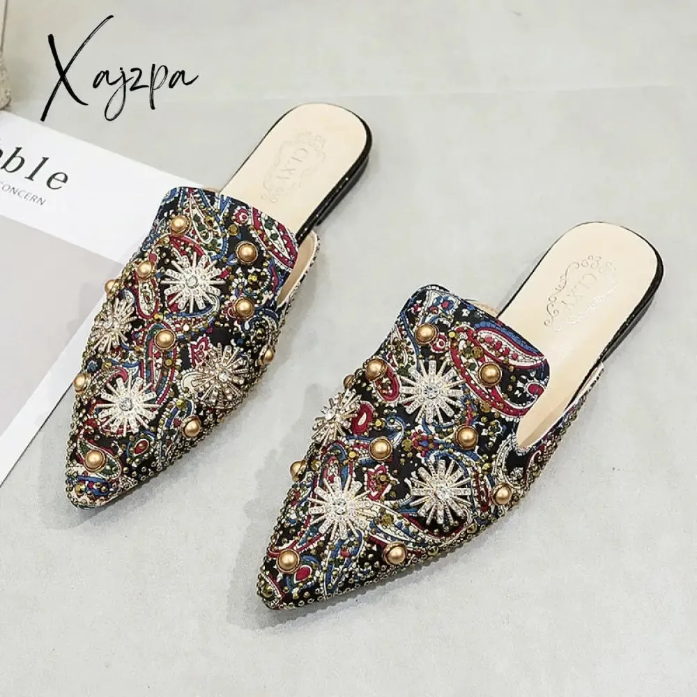 Xajzpa - Women Slippers Fashion String-bead Pointed Rhinestone Rivet Flat Women Shoes Slip-On Mules Loafer Sandals Slides Ladies Shoes