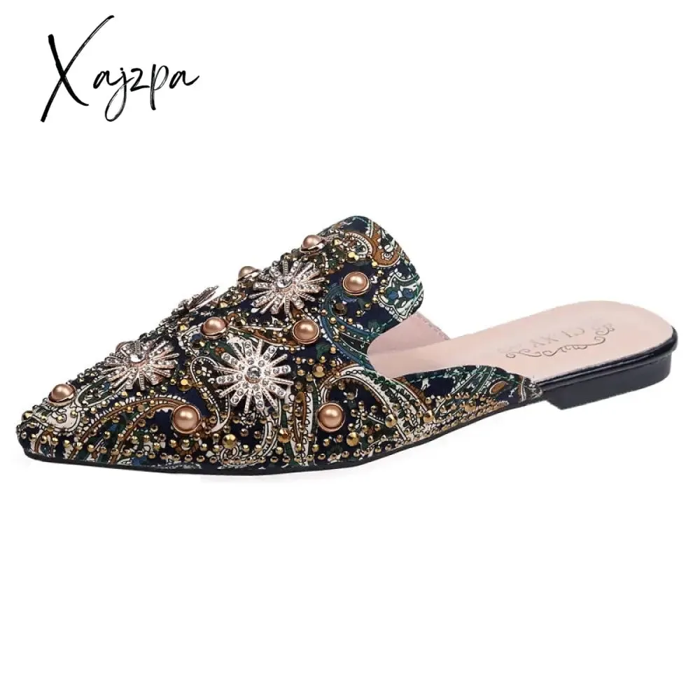 Xajzpa - Women Slippers Fashion String-bead Pointed Rhinestone Rivet Flat Women Shoes Slip-On Mules Loafer Sandals Slides Ladies Shoes