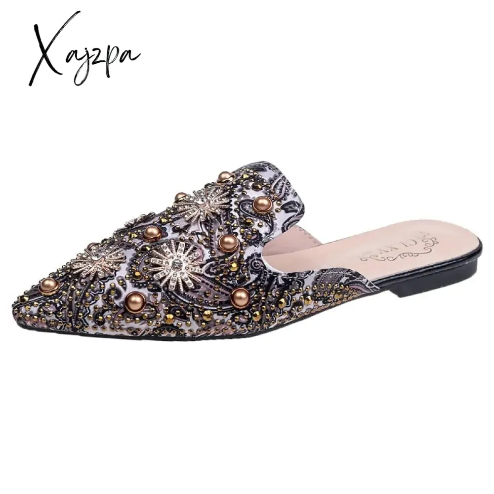 Xajzpa - Women Slippers Fashion String-bead Pointed Rhinestone Rivet Flat Women Shoes Slip-On Mules Loafer Sandals Slides Ladies Shoes