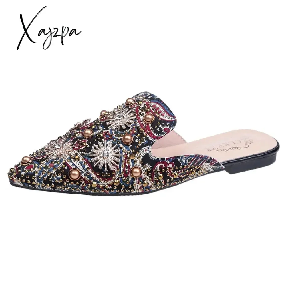 Xajzpa - Women Slippers Fashion String-bead Pointed Rhinestone Rivet Flat Women Shoes Slip-On Mules Loafer Sandals Slides Ladies Shoes