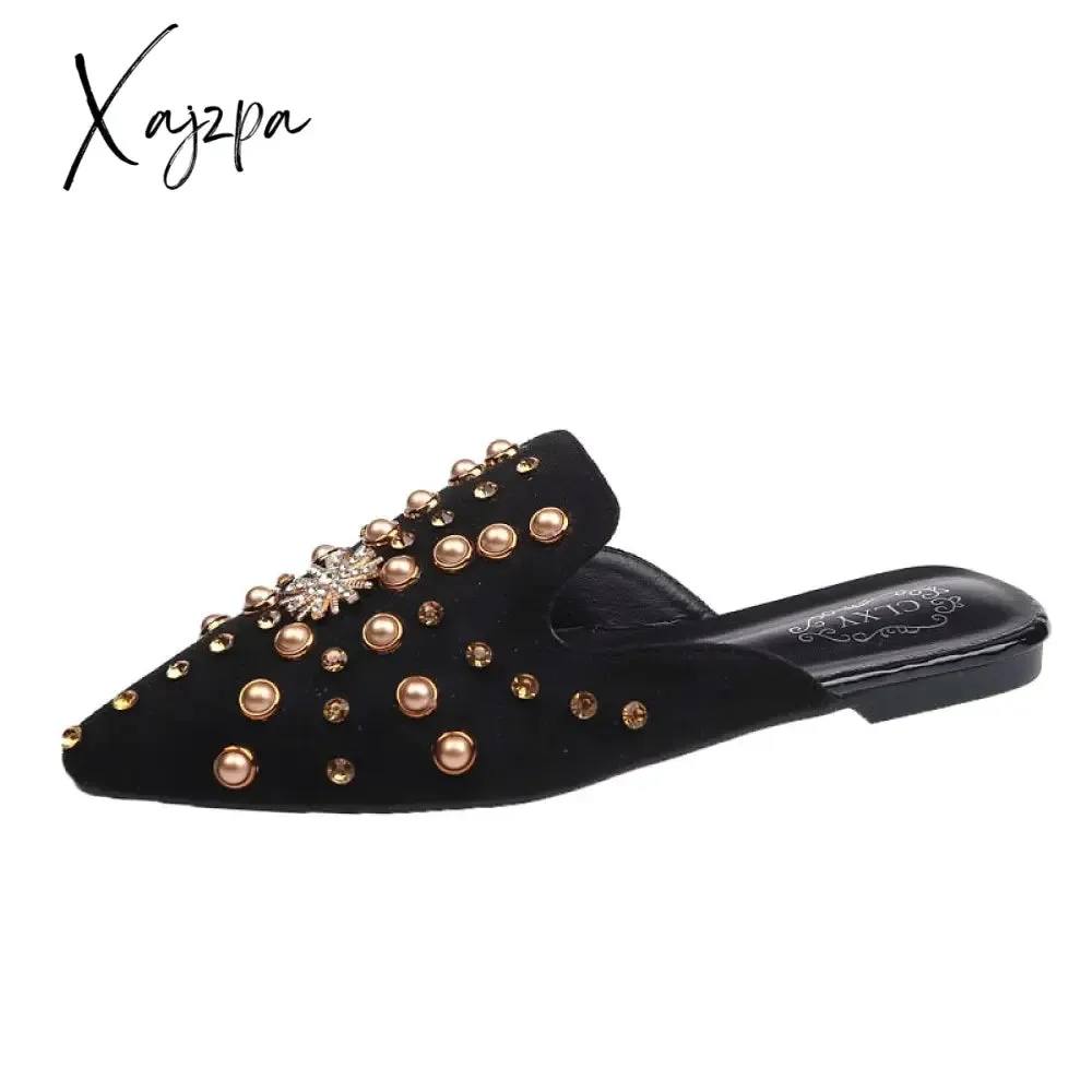 Xajzpa - Women Slippers Fashion String-bead Pointed Rhinestone Rivet Flat Women Shoes Slip-On Mules Loafer Sandals Slides Ladies Shoes